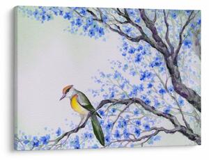 Kép - Madár egy fán kék virágokkal (70x50 cm)