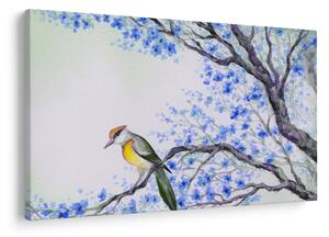 Kép - Madár egy fán kék virágokkal (90x60 cm)
