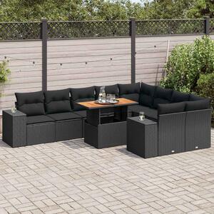 10 részes fekete polyrattan akácfa kerti ülőgarnitúra párnákkal