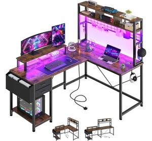 YITAHOME barna gamer asztal LED világítással, 2 az 1-ben egyenes és L alakú kialakítással