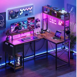 YITAHOME barna gamer asztal LED világítással, 2 az 1-ben egyenes és L alakú kialakítással