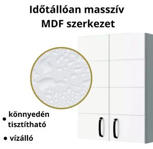 MART 60 cm széles polcos fürdőszobai fali szekrény, fényes fehér, fekete kiegészítőkkel, 2 soft close ajtóval
