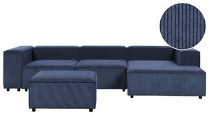 Kombinálható háromszemélyes bal oldali kék kordbársony kanapé ottománnal APRICA