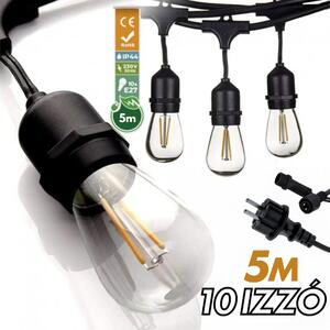 Kültéri fényfüzér kerti égősor girland 5m + 10db 1W LED izzó IP44 E27 Sorolható