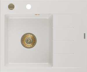 Mexen Ben, 1 kamrás gránit mosogató 600x500x190 mm, bal + arany szifon, fehér, 6522605000-20-G