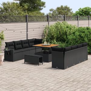 VidaXL 11 Részes Kerti Kanapé Készlet Párnákkal Fekete Poli Rattan Akác, vidaXL 3 Részes Kerti Étkező Készlet Párnákkal Fekete Poli Rattan Akác