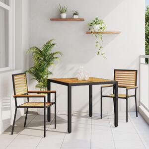 3 darabos Kerti Étkező Szett Fekete Poly Rattan Akácia, Egymásra Rakható Kerti Székek Párnákkal 2 db Fekete Poly Rattan