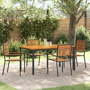 5 Darabos Kerti Étkező Szett Fekete Poli Rattan Akáciából, Egymásra Rakható Kerti Székek párnahéj 2 db Fekete Poli Rattan, Kerti Asztal 150x90x75 cm Szilárd Akácia Fa és Fém