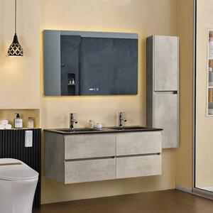HD Hongkong Duo Loft Beton 120 komplett fürdőszoba bútor szett fali mosdószekrénnyel, dupla fekete slim mosdóval, tükörrel és magas szekrénnyel