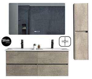 Hongkong Duo Loft Beton 120 komplett fürdőszoba bútor szett fali mosdószekrénnyel, dupla kerámia mosdóval, tükörrel és magas szekrénnyel