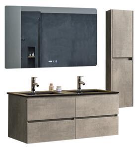 Hongkong Duo Loft Beton 120 komplett fürdőszoba bútor szett fali mosdószekrénnyel, dupla fekete slim mosdóval, tükörrel és magas szekrénnyel