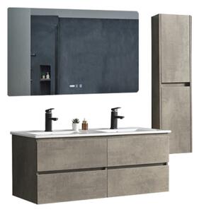 HD Hongkong Duo Loft Beton 120 komplett fürdőszoba bútor szett fali mosdószekrénnyel, dupla kerámia mosdóval, tükörrel és magas szekrénnyel