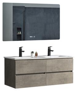 HD Hongkong Duo Loft Beton 120 komplett fürdőszoba bútor fali mosdószekrénnyel, dupla kerámia mosdóval és tükörrel