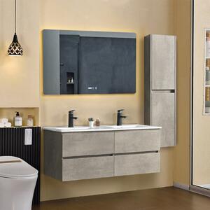 Hongkong Duo Loft Beton 120 komplett fürdőszoba bútor szett fali mosdószekrénnyel, dupla kerámia mosdóval, tükörrel és magas szekrénnyel