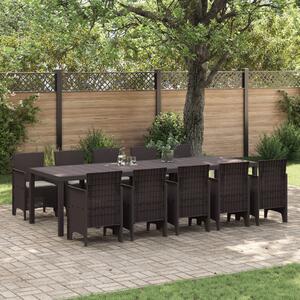 11 Részes Kerti Étkezőasztal Párnákkal Barna Poli Rattan, Kerti Asztal Barna 150x100x73 cm Poli Rattan, Kerti Székek Párnákkal 2 db Barna Poli Rattan, Kerti Székek Párnákkal 4 db Barna Poli Rattan