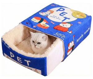 Fluffybox™ Doboz Alakú Plüss Macskaágy, Kék