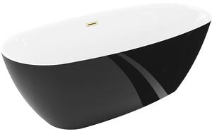 Mexen Luvo Slim, szabadon álló kád 170 × 75 cm, fehér-fekete, matt arany túlfolyóval, 52801707575-55