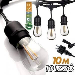 Kültéri fényfüzér kerti égősor girland 10m + 10db 1W LED izzó IP44 E27 Sorolható