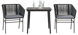 3 részes fekete polyrattan üveg kerti étkezőgarnitúra párnákkal