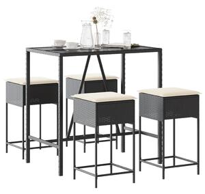 5 részes fekete polyrattan kerti bárszett párnával
