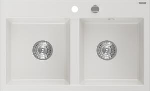 Mexen Hektor gránit mosogató 2-medencés 800 x 480 mm, fehér, króm szifon - 6521802000-20