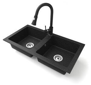 Gránit mosogató NERO Lybra + kihúzható zuhanyfejes Snake csaptelep + szifon (fekete)