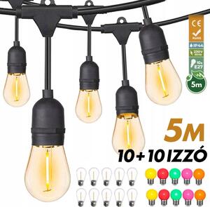 Kültéri fényfüzér kerti égősor girland 5m + 10db színes parti izzó | Sorolható IP44 E27