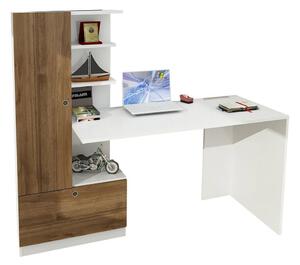 Modern stílusú íróasztal, szekrénnyel és polcokkal, fehér-fa - DOUBLON