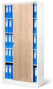 JAN NOWAK KUBA Fém szekrény polcokkal tolóajtókkal, 900x1850x450, modell fehér-sonoma tölgy