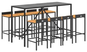VidaXL 9 részes fekete polyrattan és tömör akácfa kerti bárszett