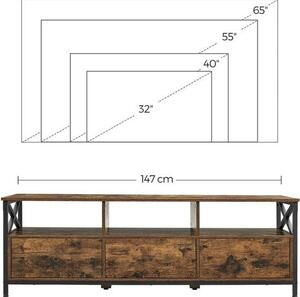 TV-állvány 3 fiókkal és tárolópolcokkal, 147 x 50 x 40 cm, rusztikus