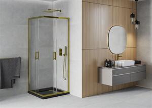 Mexen Rio, szögletes zuhany tolóajtóval 70 (ajtó) x 70 (ajtó) x 190 cm, 5mm átlátszó üveg, arany profil + fekete SLIM zuhanytálca arany szifonnal, 860-070-070-50-00-4070G
