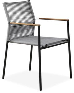 Zena kerti szék, szürke kötél, fekete alumínium váz, teakfa karfa