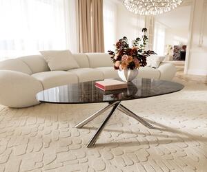 DELIFE Dohányzóasztal Edge ovális 140x75 cm kerámia Laminam® Emperador Extra Lucidato sötétbarna Sarity rozsdamentes acél szálcsiszolt