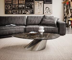 DELIFE Dohányzóasztal Edge organikus 140x76 cm Laminam® Emperador kerámia extra polírozott sötétbarna Conis rozsdamentes acél szálcsiszolt