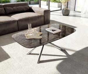 DELIFE Dohányzóasztal Edge hajóformájú 120x70 cm Laminam® Emperador kerámia extra polírozott sötétbarna Sarity rozsdamentes acél szálcsiszolt