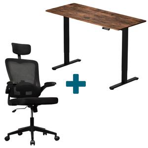 LVN System Lite elektromos asztal + forgószék szett | Barna/fekete 140x60cm elektromosan állítható magasságú íróasztal + fekete forgószék