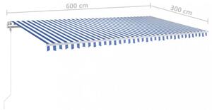 Kék és fehér kézzel kihúzható napellenző póznákkal 6 x 3 m
