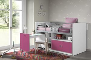 Fukszia rózsaszín emeletes ágy asztallal és komóddal Vipack Bonny 90 x 200 cm