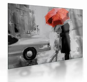 Üveg kép - Szerelmespár egy esernyő alatt, piros (70x50 cm)