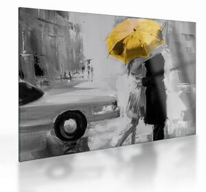 Üveg kép - Szerelmespár egy esernyő alatt, sárga (70x50 cm)