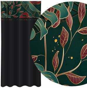 Klasszikus fekete függöny zöld és bordó levelekkel nyomtatva Szélesség: 160 cm | Hossz: 250 cm