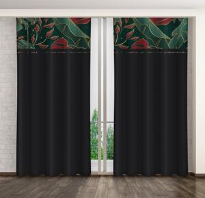 Klasszikus fekete függöny zöld és bordó levelekkel nyomtatva Szélesség: 160 cm | Hossz: 250 cm