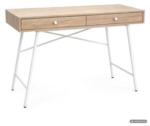 AKORD Furniture Factory Skandia Számítógépes Íróasztal Sonoma Tölgy 2 Fiókkal Fehér Fém Lábakkal Ipari Stílusban