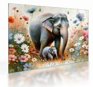 Üveg kép - Elefánt mama, akvarell (70x50 cm)