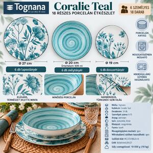 Tognana Coralie Teal 18 részes porcelán étkészlet 6 személyes virágmintás türkizkék