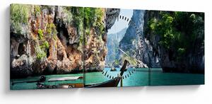 Kép - Víz mediterrán táj csónakkal (órával) (90x30 cm)