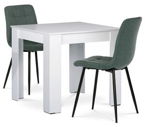 Étkezőgarnitúra 1+2, asztal 80x80 cm, fehér MDF, székek zöld szövet kárpittal