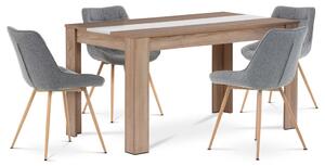 Étkezőgarnitúra 1+4, asztal 138x80cm, MDF sonoma tölgy. Székek szürke szövet kárpittal, fém lábak tölgy dekorral