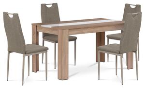 Étkezőgarnitúra 1+4, asztal 138x80 cm, MDF sonoma tölgy, cappuccino szövet kárpitozású székek